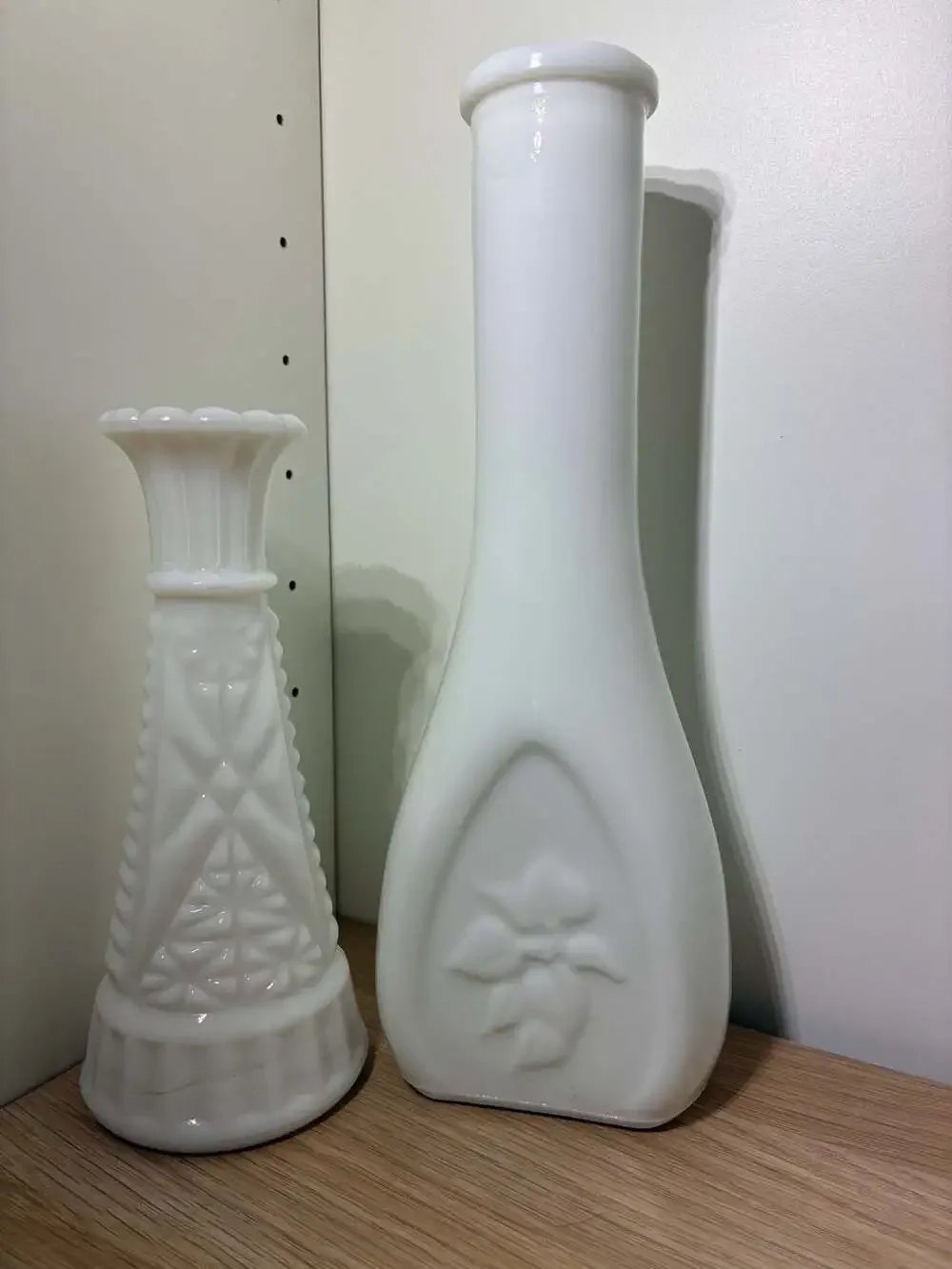 Vintage Milk Glass Vase Set (2 Pieces: Geometric Textured and Floral Embossed)